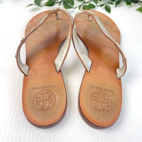 Tory Burch Ricki Studded Sandals Thong Flip Flops Grey Leather Flats 10 - Picture 2 of 9